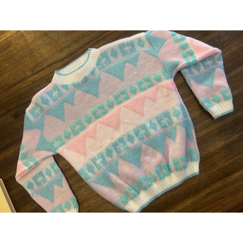 Vintage Grand Knitwear Girls Sweater Size 8/10 Pastel Geometric Metallic Sparkle